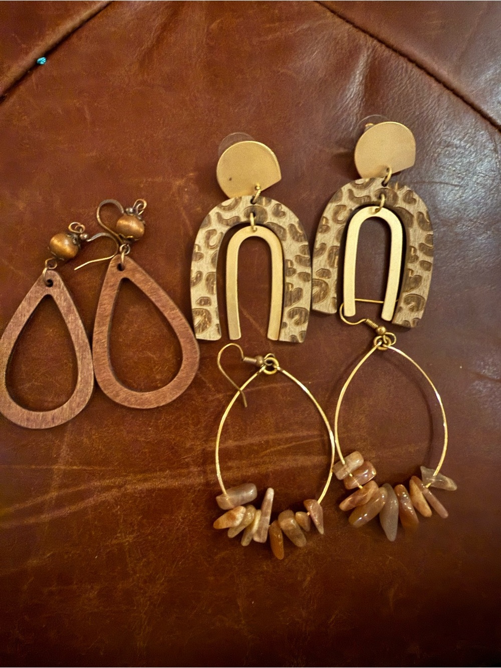Gold and Brown Mixed-Material Hoop Earrings - Unbranded